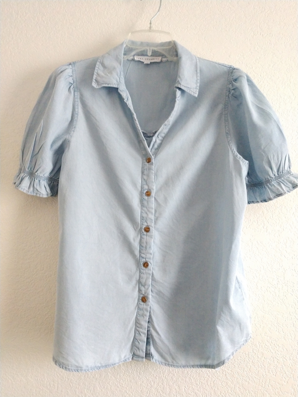 Adorable Jane & Delancey Blue Chambray Cotton Shirt Short Sleeve Cottagecore LRG